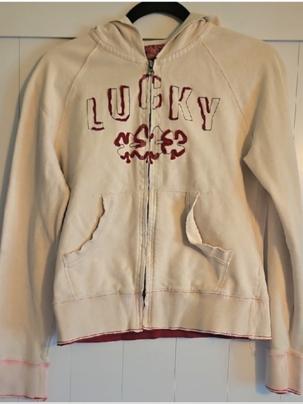Lucky Brand Cream Hoodie Jacket with Red Logo